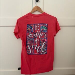 Girlie Girl Originals “He Restores My Soul” Graphic Tee Coral Bible Verse Shirt